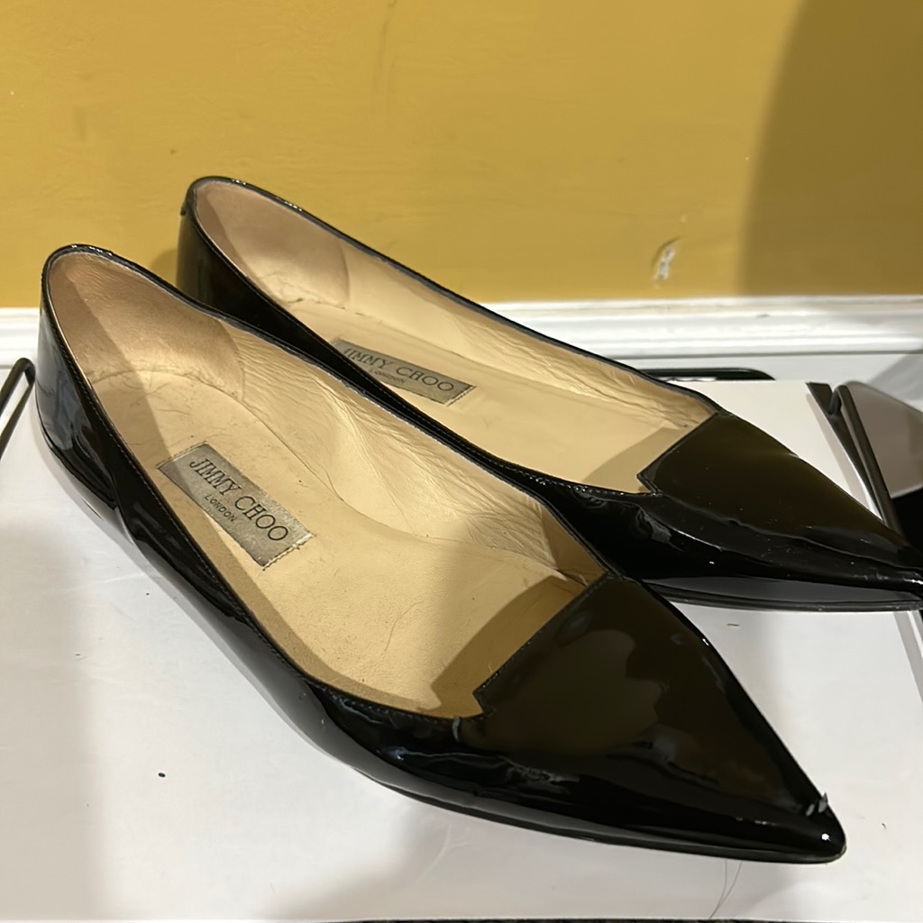 Jimmy Choo Attila Black Patent Leather Pointed-Toe Ballerina Flats 38.5, 7.5 - 8